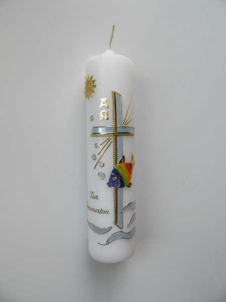 Kommunionkerze-Konfirmationskerze Junge , Kreuz / Fisch - Regenbogen  modern